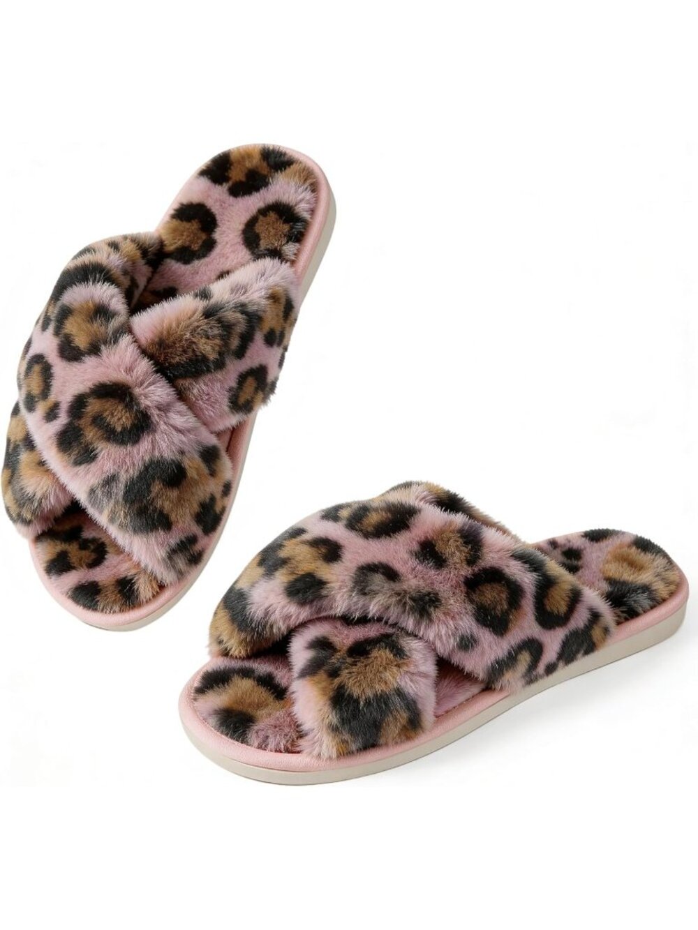 Women's Pink Leapord Cross Band Memory Foam Open Toe Comfy Fuzzy Indoor Slippers